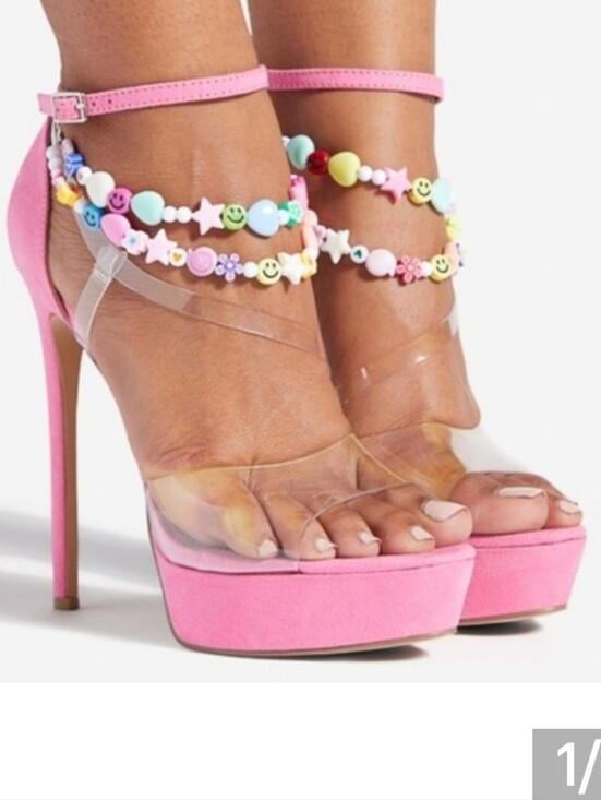 Shoes - Barbie Bumble Gum Pink Clear Charm Straps Sky High Stilleto Platform Heels 10